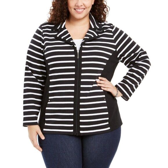 Karen Scott Plus Size Black‎ White Stripe Zip Front Jacket Top 1X NEW - Picture 1 of 8